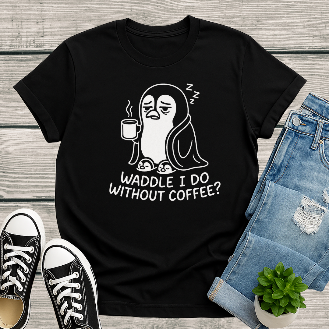 Penguin T-Shirt - 'Waddle I Do Without Coffee?' Softstyle Tee